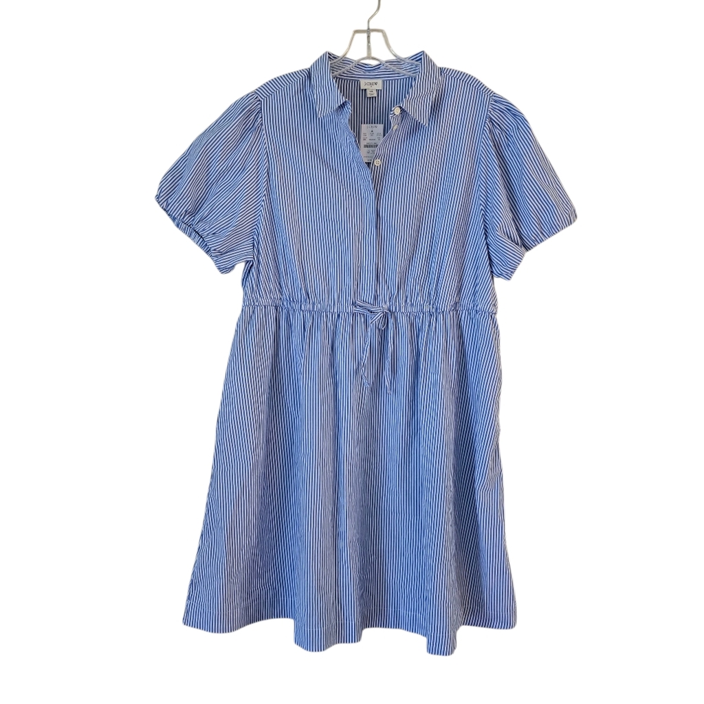 J.Crew Blue Pin Striped Print Short Puff Sleeve Collared Mini Dress Size 18